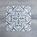 Four Europa Trondheim Blue 20x20cm Victorian Moroccan style tiles arranged together to showcase the repeating decorative pattern in blue and white tones, displayed against a textured grey background.