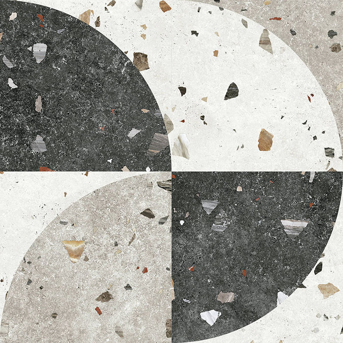 Tulsa Decor Terrazzo 66 × 66cm porcelain wall and floor tile, featuring a terrazzo base with multicoloured aggregate chips combined with bold geometric quarter-circle patterning in contrasting light and dark tones, creating a striking, contemporary statement design.
