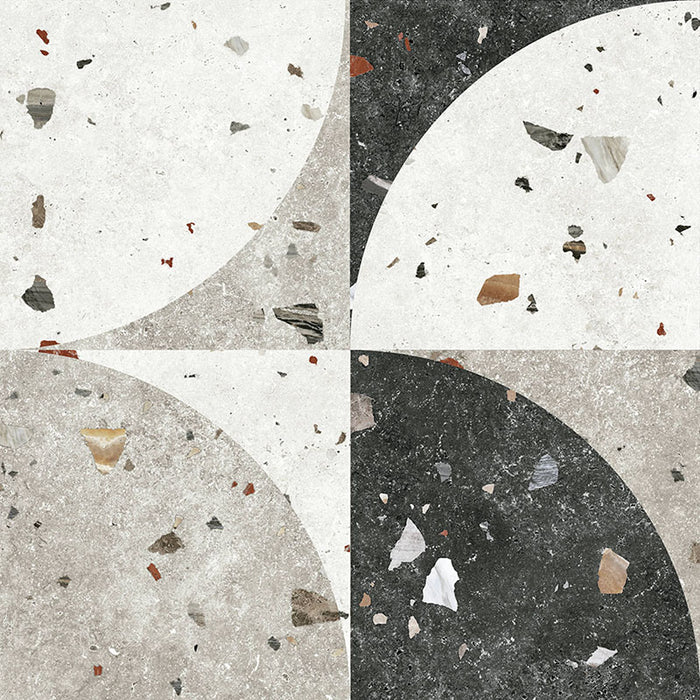 Tulsa Decor Terrazzo 66 × 66cm porcelain wall and floor tile, featuring a terrazzo base with multicoloured aggregate chips combined with bold geometric quarter-circle patterning in contrasting light and dark tones, creating a striking, contemporary statement design.