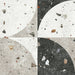 Tulsa Decor Terrazzo 66 × 66cm porcelain wall and floor tile, featuring a terrazzo base with multicoloured aggregate chips combined with bold geometric quarter-circle patterning in contrasting light and dark tones, creating a striking, contemporary statement design.