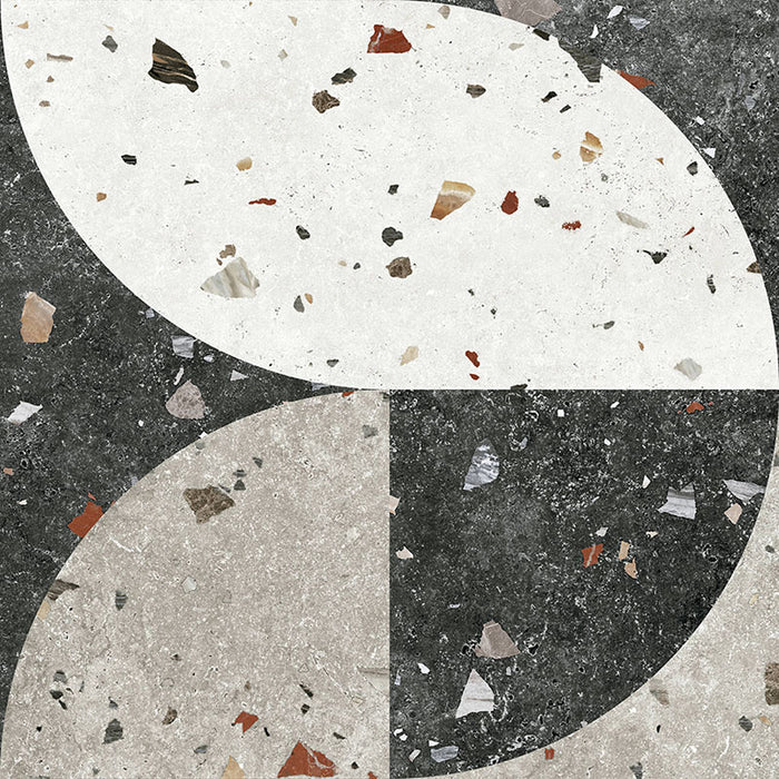 Tulsa Decor Terrazzo 66 × 66cm porcelain wall and floor tile, featuring a terrazzo base with multicoloured aggregate chips combined with bold geometric quarter-circle patterning in contrasting light and dark tones, creating a striking, contemporary statement design.