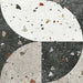 Tulsa Decor Terrazzo 66 × 66cm porcelain wall and floor tile, featuring a terrazzo base with multicoloured aggregate chips combined with bold geometric quarter-circle patterning in contrasting light and dark tones, creating a striking, contemporary statement design.