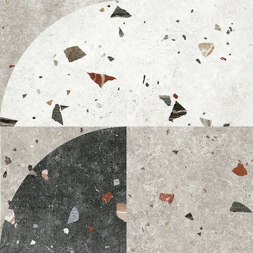 Tulsa Decor Terrazzo 66 × 66cm porcelain wall and floor tile, featuring a terrazzo base with multicoloured aggregate chips combined with bold geometric quarter-circle patterning in contrasting light and dark tones, creating a striking, contemporary statement design.