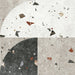 Tulsa Decor Terrazzo 66 × 66cm porcelain wall and floor tile, featuring a terrazzo base with multicoloured aggregate chips combined with bold geometric quarter-circle patterning in contrasting light and dark tones, creating a striking, contemporary statement design.