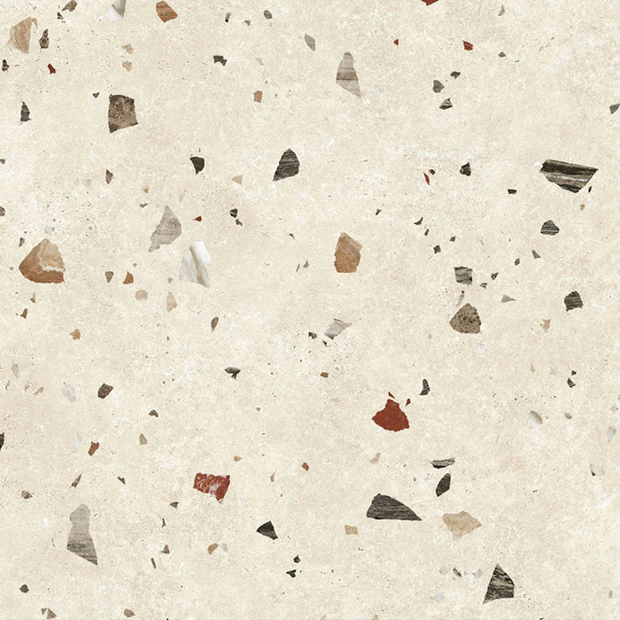 Tulsa Marfil 66 × 66cm terrazzo-effect porcelain wall and floor tiles, showcasing a warm ivory base with scattered multicoloured stone fragments in earthy beige, grey, and terracotta tones for a soft, contemporary terrazzo look.