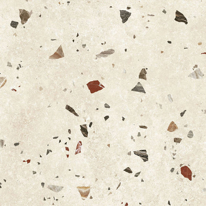 Tulsa Marfil 66 × 66cm terrazzo-effect porcelain wall and floor tiles, showcasing a warm ivory base with scattered multicoloured stone fragments in earthy beige, grey, and terracotta tones for a soft, contemporary terrazzo look.