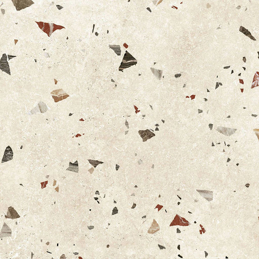 Tulsa Marfil 66 × 66cm terrazzo-effect porcelain wall and floor tiles, showcasing a warm ivory base with scattered multicoloured stone fragments in earthy beige, grey, and terracotta tones for a soft, contemporary terrazzo look.