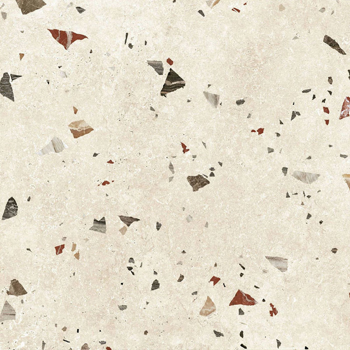 Tulsa Marfil 66 × 66cm terrazzo-effect porcelain wall and floor tiles, showcasing a warm ivory base with scattered multicoloured stone fragments in earthy beige, grey, and terracotta tones for a soft, contemporary terrazzo look.