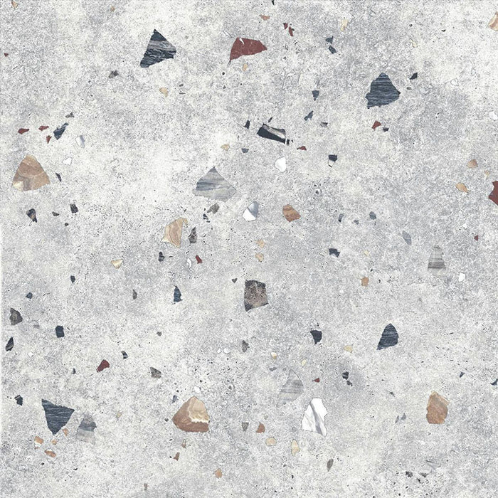 Flat lay of Tulsa Silver Terrazzo 66 × 66cm porcelain wall and floor tile, featuring a soft grey base with scattered multicoloured aggregate chips in varied sizes, creating a balanced, contemporary terrazzo effect with subtle movement and texture.