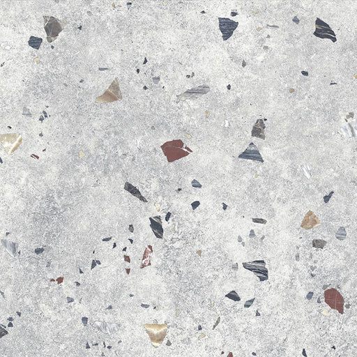 Flat lay of Tulsa Silver Terrazzo 66 × 66cm porcelain wall and floor tile, featuring a soft grey base with scattered multicoloured aggregate chips in varied sizes, creating a balanced, contemporary terrazzo effect with subtle movement and texture.