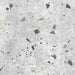 Flat lay of Tulsa Silver Terrazzo 66 × 66cm porcelain wall and floor tile, featuring a soft grey base with scattered multicoloured aggregate chips in varied sizes, creating a balanced, contemporary terrazzo effect with subtle movement and texture.