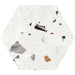 Flat lay of Tulsa White Terrazzo Hexagon 25 × 22cm porcelain wall and floor tile, featuring a crisp white base with scattered multicoloured aggregate chips in varied sizes, creating a clean, contemporary terrazzo effect with subtle texture and movement.