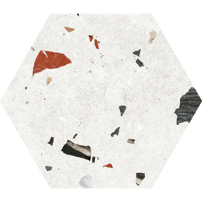 Flat lay of Tulsa White Terrazzo Hexagon 25 × 22cm porcelain wall and floor tile, featuring a crisp white base with scattered multicoloured aggregate chips in varied sizes, creating a clean, contemporary terrazzo effect with subtle texture and movement.