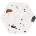 Flat lay of Tulsa White Terrazzo Hexagon 25 × 22cm porcelain wall and floor tile, featuring a crisp white base with scattered multicoloured aggregate chips in varied sizes, creating a clean, contemporary terrazzo effect with subtle texture and movement.