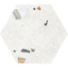 Flat lay of Tulsa White Terrazzo Hexagon 25 × 22cm porcelain wall and floor tile, featuring a crisp white base with scattered multicoloured aggregate chips in varied sizes, creating a clean, contemporary terrazzo effect with subtle texture and movement.