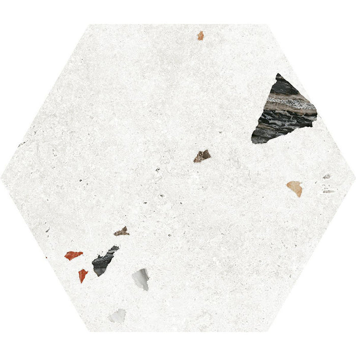 Flat lay of Tulsa White Terrazzo Hexagon 25 × 22cm porcelain wall and floor tile, featuring a crisp white base with scattered multicoloured aggregate chips in varied sizes, creating a clean, contemporary terrazzo effect with subtle texture and movement.