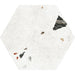 Flat lay of Tulsa White Terrazzo Hexagon 25 × 22cm porcelain wall and floor tile, featuring a crisp white base with scattered multicoloured aggregate chips in varied sizes, creating a clean, contemporary terrazzo effect with subtle texture and movement.