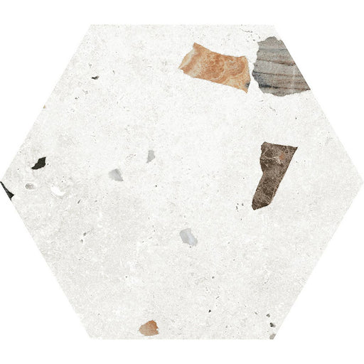 Flat lay of Tulsa White Terrazzo Hexagon 25 × 22cm porcelain wall and floor tile, featuring a crisp white base with scattered multicoloured aggregate chips in varied sizes, creating a clean, contemporary terrazzo effect with subtle texture and movement.
