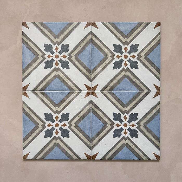 Four-tile layout of Carnaby Turner Victorian-style 20x20cm porcelain wall and floor tiles, highlighting the repeating blue, cream, and charcoal geometric cross pattern with small gold accents on an aged background.