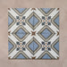 Four-tile layout of Carnaby Turner Victorian-style 20x20cm porcelain wall and floor tiles, highlighting the repeating blue, cream, and charcoal geometric cross pattern with small gold accents on an aged background.