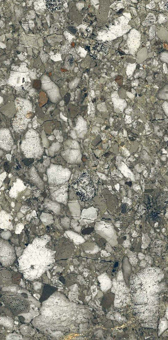 Close-up of Venetian Emerald Matt 60cm x 120cm terrazzo effect porcelain tile, featuring rich green, grey and white stone-inspired aggregates with a matt finish for contemporary wall and floor designs.