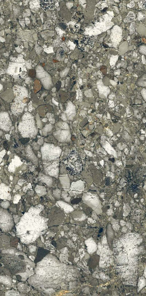 Close-up of Venetian Emerald Matt 60cm x 120cm terrazzo effect porcelain tile, featuring rich green, grey and white stone-inspired aggregates with a matt finish for contemporary wall and floor designs.