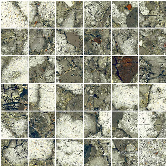 Close-up of Venetian Emerald 30cm x 30cm terrazzo effect matt porcelain mosaic tile, featuring rich green, grey and white stone-inspired aggregates, ideal for shower floors, splashbacks and decorative feature walls.