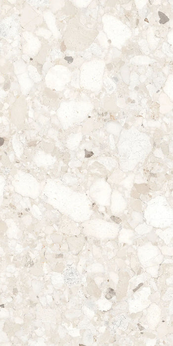 Close-up of Venetian Ivory 60cm x 120cm terrazzo effect matt porcelain tile, showcasing soft ivory, cream and beige tones with natural stone-inspired aggregates for elegant contemporary wall and floor designs.