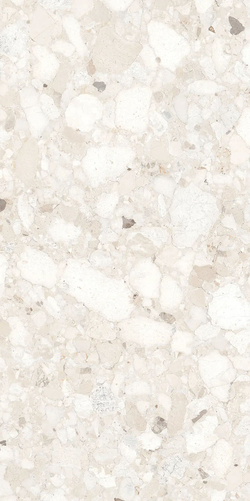 Close-up of Venetian Ivory 60cm x 120cm terrazzo effect matt porcelain tile, showcasing soft ivory, cream and beige tones with natural stone-inspired aggregates for elegant contemporary wall and floor designs.