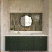 Contemporary bathroom vanity featuring Venetian Ivory terrazzo effect wall tiles, Izmir Sage Green gloss brick splashback tiles, Agraba Natural Moroccan style patterned floor tiles, a dark green floating vanity and brushed brass brassware.