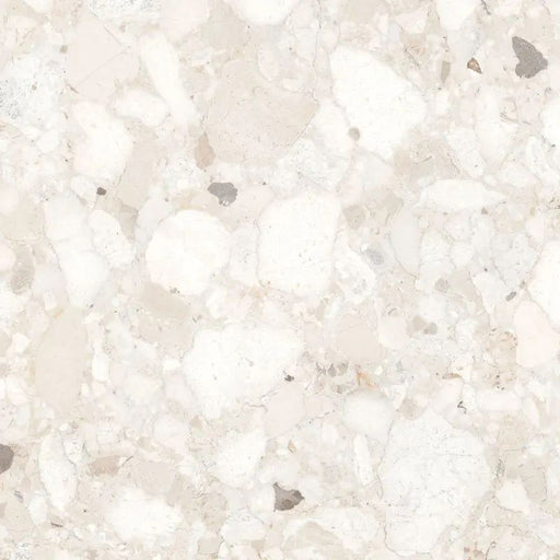 Close-up of Venetian Ivory 60cm x 60cm terrazzo effect matt porcelain tile, featuring soft ivory, cream and light beige tones with natural stone-inspired aggregates for a timeless contemporary wall or floor finish.