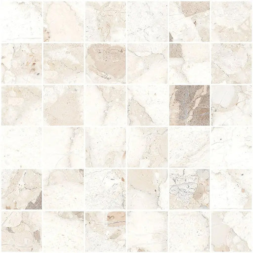 Close-up of Venetian Ivory 30cm x 30cm terrazzo effect matt porcelain mosaic tile, featuring soft ivory, cream and beige stone-inspired detailing, ideal for shower floors, splashbacks and decorative feature walls.