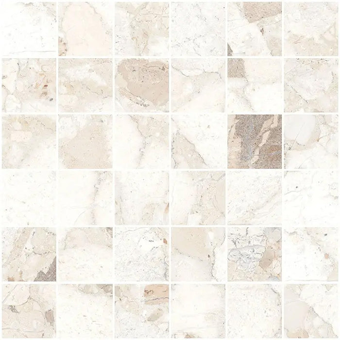 Close-up of Venetian Ivory 30cm x 30cm terrazzo effect matt porcelain mosaic tile, featuring soft ivory, cream and beige stone-inspired detailing, ideal for shower floors, splashbacks and decorative feature walls.