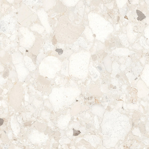 Close-up of Venetian Ivory 60cm x 60cm terrazzo effect polished porcelain tile, featuring soft ivory, cream and beige tones with natural stone-inspired aggregates for elegant contemporary wall and floor designs.