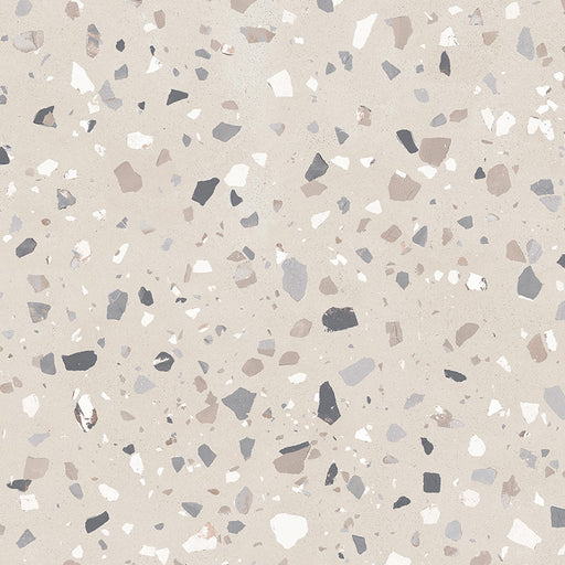 Close-up of Veneto Medium Sand concrete effect porcelain tile featuring a warm sand-coloured background with medium terrazzo stone chips in soft grey, beige and white tones, creating a contemporary surface for walls and floors.