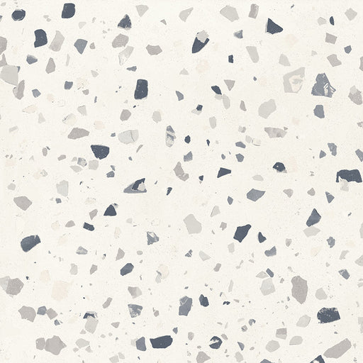 Flat lay of Veneto Medium White 60 × 60cm terrazzo-effect porcelain tiles, showcasing a soft white concrete-style base with scattered grey and charcoal stone fragments for a clean, contemporary terrazzo look.