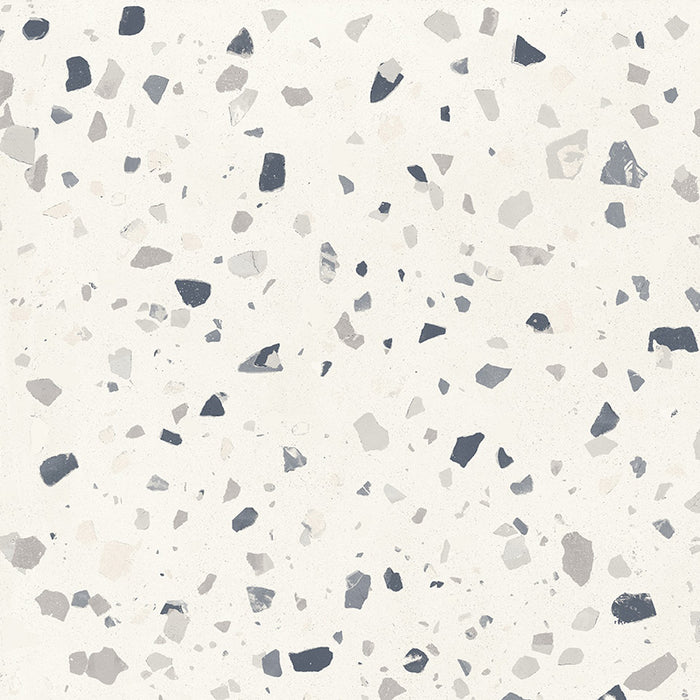 Flat lay of Veneto Medium White 60 × 60cm terrazzo-effect porcelain tiles, showcasing a soft white concrete-style base with scattered grey and charcoal stone fragments for a clean, contemporary terrazzo look.