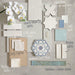 Moodboard featuring Veneto Micro White concrete effect porcelain tiles paired with Maroush Frost Blue hexagon patterned tiles, Zellij White Gloss and Oyster tiles, Beijing White wall tiles, Maldives Celadon Green brick tiles, Zellij Aqua, Dohar Bone Star and Cross tiles, creating a fresh coastal-inspired bathroom palette.