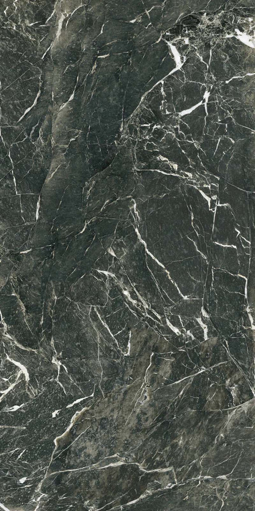 Close-up of Grand Verde Apia Matt Green Marble effect 60 × 120cm porcelain tile, showcasing deep green tones with fine white veining, soft matt finish, and natural stone-inspired pattern variation.