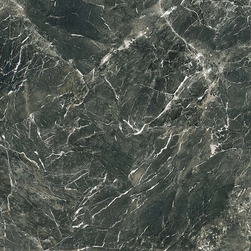 Close-up of Grand Verde Apia Polished Green Marble effect 60 × 60cm porcelain tile, showcasing rich deep green tones with fine white veining, high-gloss finish, and natural stone-inspired pattern variation.
