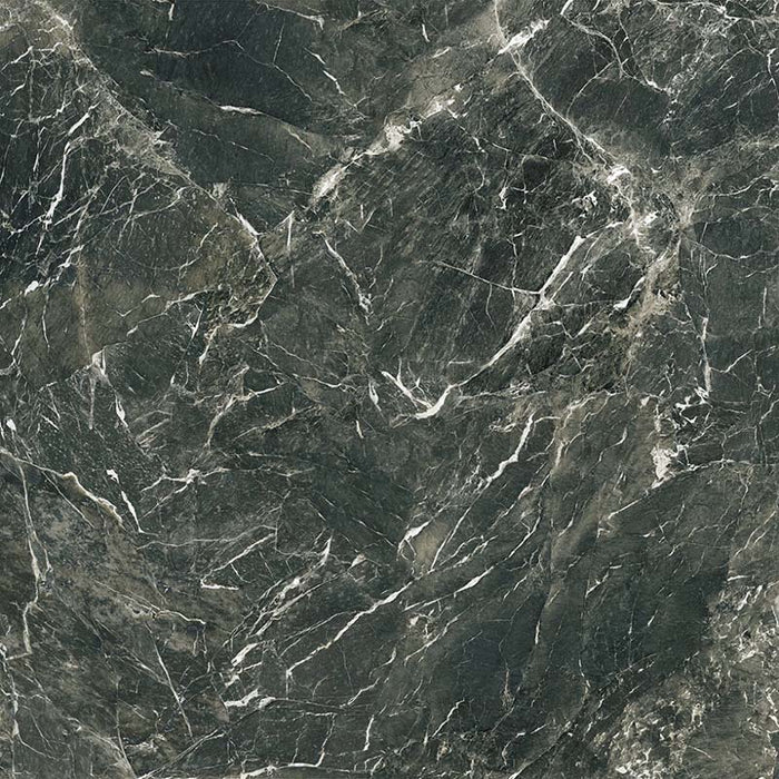 Close-up of Grand Verde Apia Polished Green Marble effect 60 × 60cm porcelain tile, showcasing rich deep green tones with fine white veining, high-gloss finish, and natural stone-inspired pattern variation.