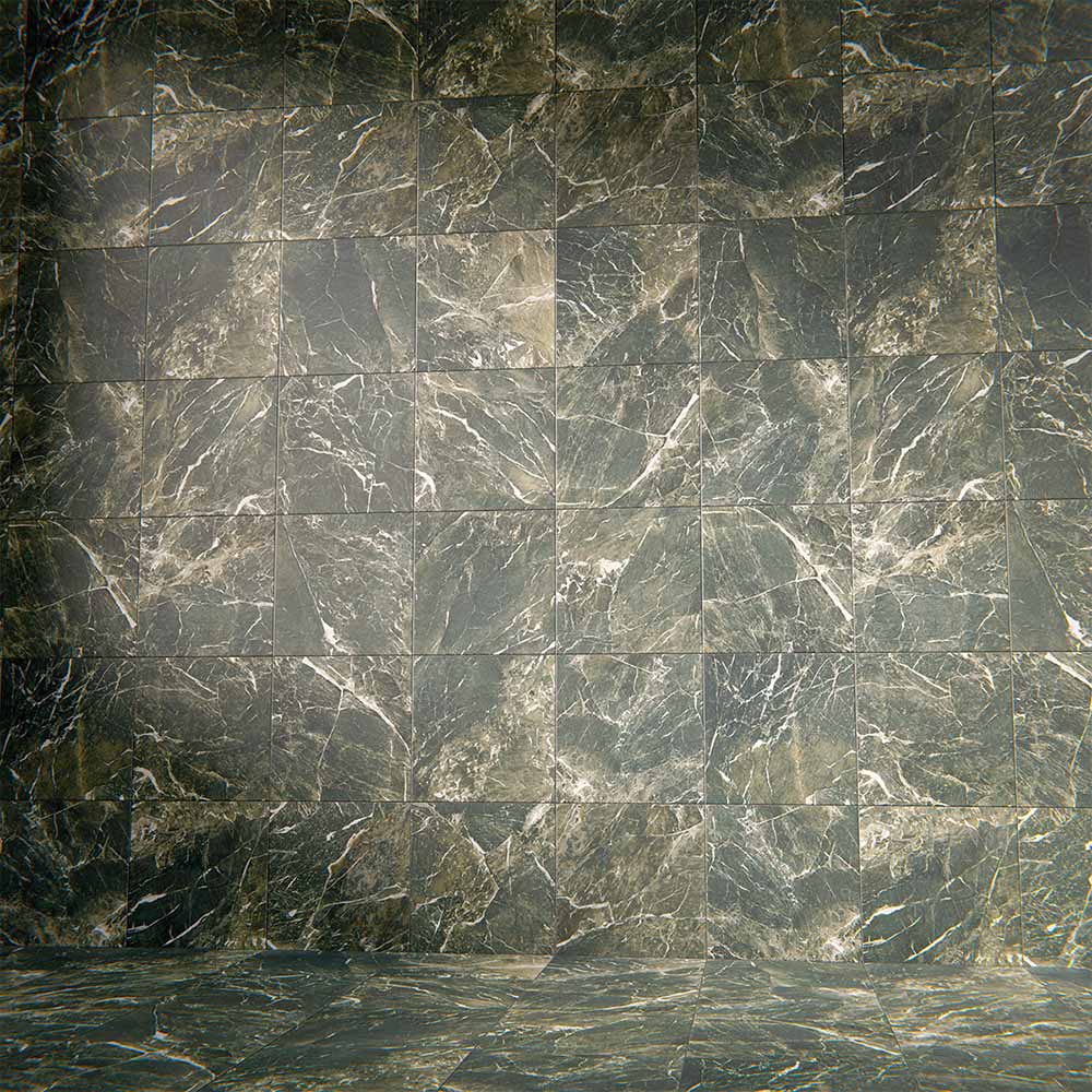 Wall and floor setting featuring Grand Bazaar Verde Green Matt Marble effect 30 × 30cm porcelain tiles, laid in a grid layout, showcasing rich green tones, soft matt finish, and natural stone-inspired veining.