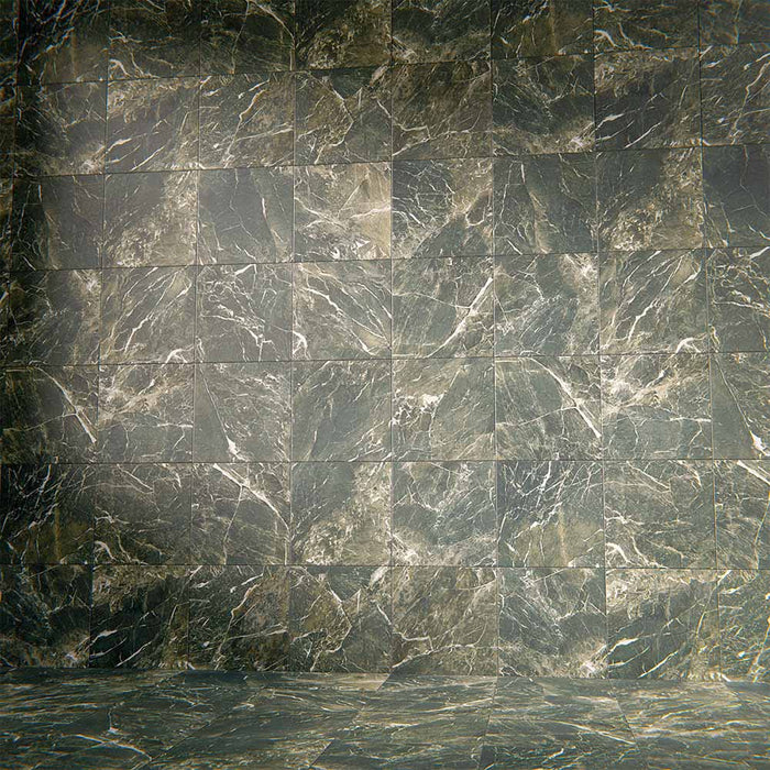 Wall and floor setting featuring Grand Bazaar Verde Green Matt Marble effect 30 × 30cm porcelain tiles, laid in a grid layout, showcasing rich green tones, soft matt finish, and natural stone-inspired veining.