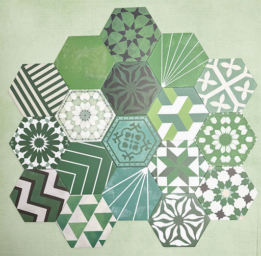 Fihrdos Verde Hexagon Patchwork Moroccan-style 18.7x21.6cm patterned porcelain tiles arranged in a grouped layout, showcasing a mix of green-toned geometric and floral-inspired designs.