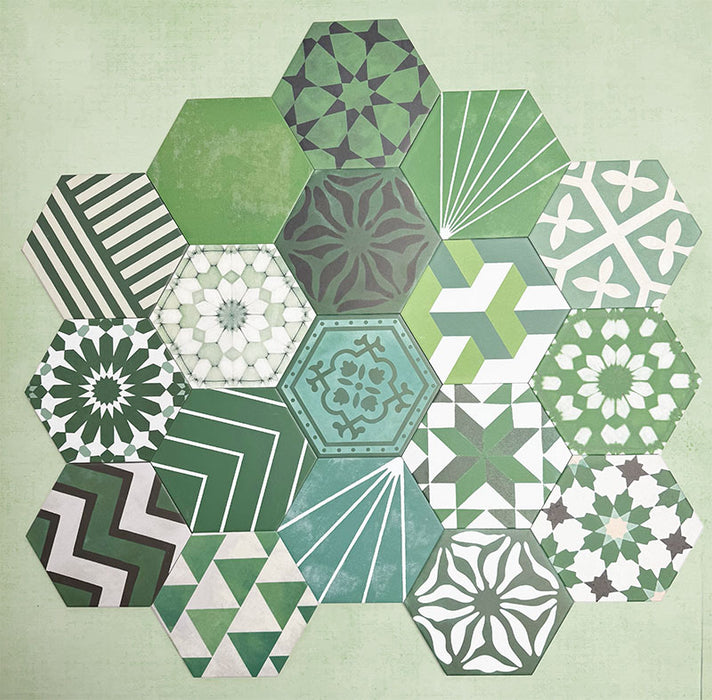 Fihrdos Verde Hexagon Patchwork Moroccan-style 18.7x21.6cm patterned porcelain tiles arranged in a grouped layout, showcasing a mix of green-toned geometric and floral-inspired designs.