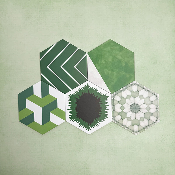 Fihrdos Verde Hexagon Patchwork Moroccan-style 18.7x21.6cm patterned porcelain tiles arranged in a grouped layout, showcasing a mix of green-toned geometric and floral-inspired designs.