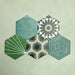 Fihrdos Verde Hexagon Patchwork Moroccan-style 18.7x21.6cm patterned porcelain tiles arranged in a grouped layout, showcasing a mix of green-toned geometric and floral-inspired designs.