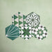 Fihrdos Verde Hexagon Patchwork Moroccan-style 18.7x21.6cm patterned porcelain tiles arranged in a grouped layout, showcasing a mix of green-toned geometric and floral-inspired designs.