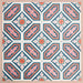 Group of Europa Vienna 20x20cm Victorian Moroccan style tiles arranged together to showcase the repeating geometric pattern in blue, pink and coral tones, displayed against a soft pink background.