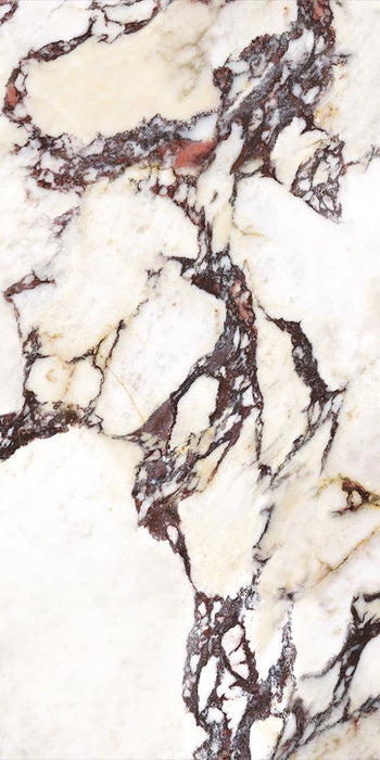 Close-up of Grand Violetta Matt Honed Marble effect 60 × 120cm porcelain tile, showcasing a creamy base with bold burgundy and charcoal veining, soft matt finish, and natural stone-inspired pattern variation.
